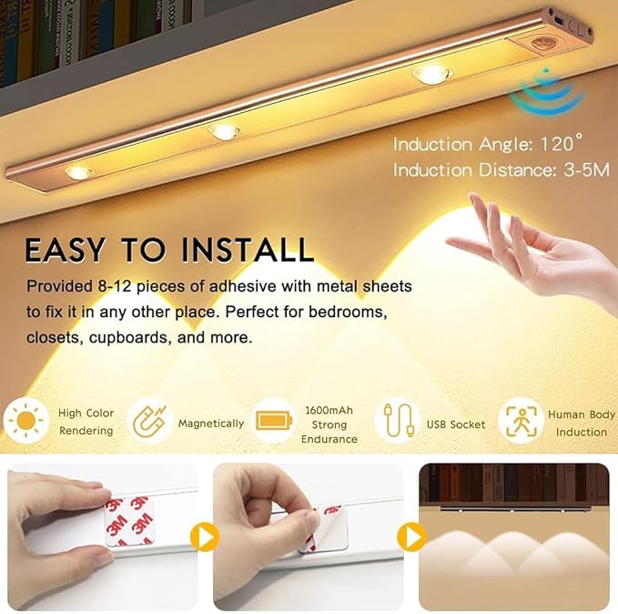 Motion Sensor Cabinet Lights 40cm, Wireless USB Rechargeable Under Cabinet Light, 3 Color Modes